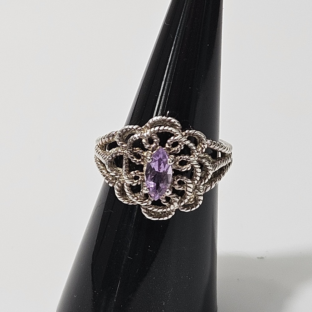 Sterling Silver Amethyst Ring Filagree Floral Size 7